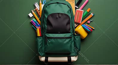 School bag pack with essentials stationery supplies banner on green background with space for text