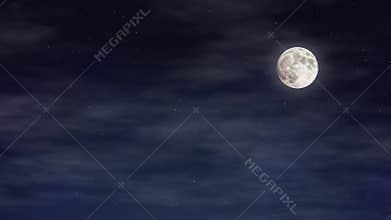 Night sky with full moon, flashing stars and flowing clouds.