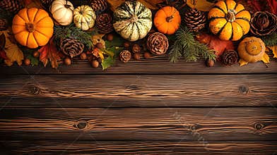 Autumn background with pumpkins, leaves and candles on wooden board. copy space.