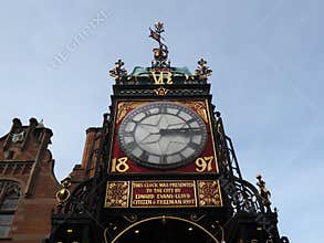 close-up of the historic Eastgate Clock on the city walls in the historic city of Chester in the UK