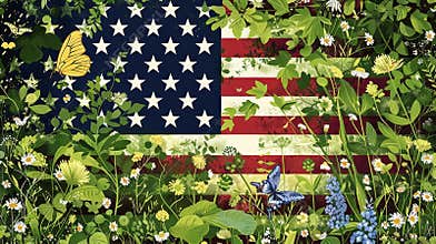 Patriotic American Flag Overlay on Lush Floral Background for Spring