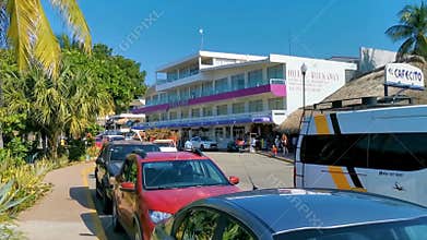Typical beautiful colorful tourist street sidewalk city Puerto Escondido Mexico