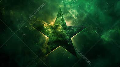 A green five-pointed star in a vast space filled with countless stars