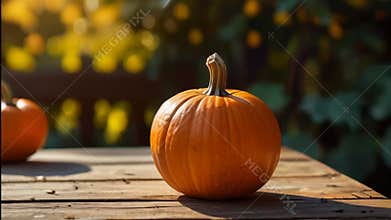 Two delicious pumpkins on a wooden table in a sunny autumn garden