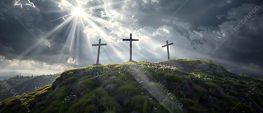 The cross illustration is an inspirational religious photo depicting three large crosses on top of a hill, a breaking