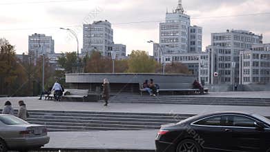 Kharkiv, Ukraine, October 27, 2021. Crowd of people walks along the central street. Historical centre Derzhprom building