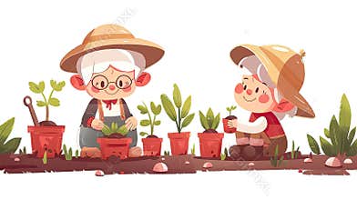 Two elderly women are planting flowers in a garden