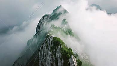 A towering mountain, shrouded in dense fog and clouds, creates a dramatic and awe-inspiring landscape, A top-down view of fog