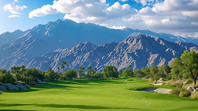 A captivating view of a golf course surrounded by towering mountains, creating a stunning landscape for golfers to enjoy their