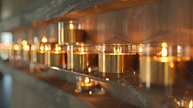 An asymmetrical arrangement of brass and glass candle holders lines a wall creating a dynamic and eyecatching feature.