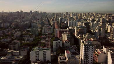 Aerial city view at dawn, drone capturing Buenos Aires skyline. Urban skyscrapers in morning