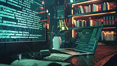 Cozy Workspace With Coding Setup and Plenty of Books at Night