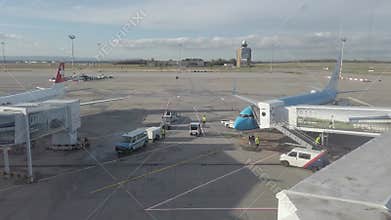 Hungary Budapest commercial planes loading and park at the international airport