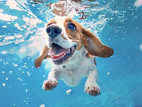 A cute Beagle swims in the underwater, laughing and sticking out its tongue with bobbles. The background is blue and