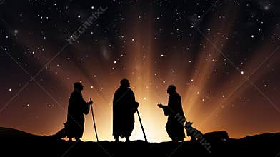 Silhouettes of ancient shepherds with goat looking into sky at Bethlehem star in starry night