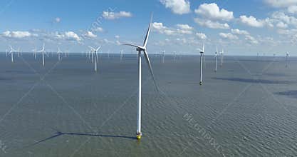Wind farm, wind turbines in Friesland, The Netherlands. Aerial view.