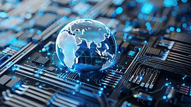 World globe on digital computer cpu tech background.