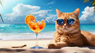 Chill cat in sunglasses enjoys beach day with a refreshing cocktail.