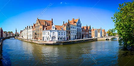 Panorama view of river canal and colorful houses in Bruges