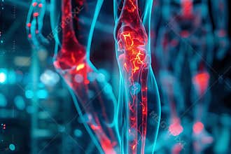 A bright, minimalistic setting featuring x-ray displaying a vibrant light blue holographic 3D joints, uses red-orange tones to