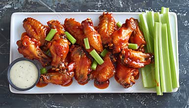 Platter of buffalo wings with celery sticks