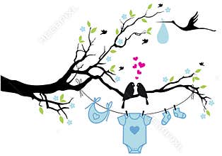 Baby boy with birds on tree, vector