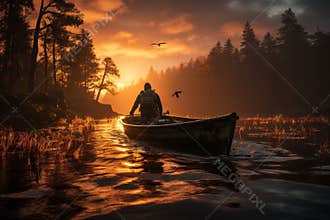 Serene sunrise fishing scene bald man with large mouth bass, seagulls, vibrant boat illustration