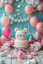 A birthday cake with balloons and teddy bears