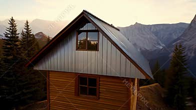 A cabin with a unique design featuring a slanted roof and asymmetrical windows set against a backdrop of rugged