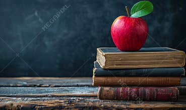 A Red Apple Resting Atop Stacked Books On Wooden Table
