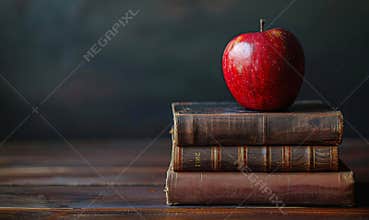 A Red Apple Resting Atop Stacked Books On Wooden Table
