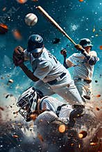 A baseball player with a bat in his hands in a large arena. A billboard with baseball players. Sports betting