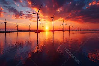Dynamic high res photo of wind turbines highlighting clean energy tech with vibrant colors