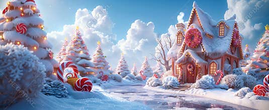 3D cartoon backdrop of a cozy house in snow with Christmas decorations and candy canes