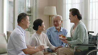 two happy senior asian couples having a pleasant conversation