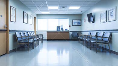 Empty hospital waiting room with blue chairs and clean floors. The room is brightly lit with natural light from a large