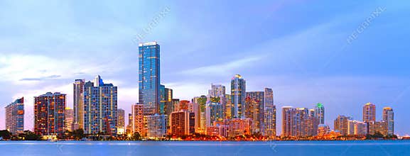 City of Miami Florida, colorful sunset panorama