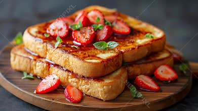 French toast with fresh strawberries and maple syrup. Slow motion