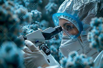 Female infectious disease specialist studying virus with microscope in chemical protection suit
