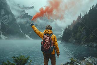 Man in distress signals sos as person on shore releases red smoke, symbolizing search for help