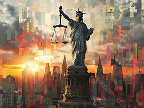 Court image retro balance and money. Workers compensation is shown using a text. Injured employee visiting lawyer for