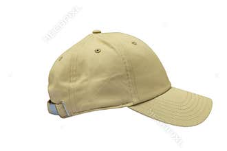 Side view of beige baseball caps mockup on white background, with space for your logo or design. Mock-up for branding