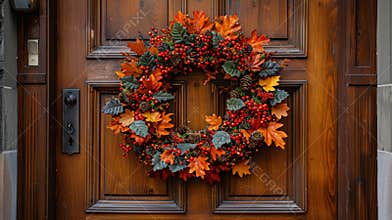 holiday door decor, transform your front door with a chic thanksgiving wreath adorned with autumn leaves and berries the