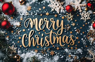 Wooden Merry Christmas Sign on Blue Wood Background