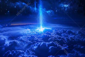Blue Jet lightning phenomenon in the upper atmosphere, powerful blue-colored lightning jet shooting upwards from the top of a tall