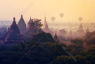 Rising balloons over the Bagan pagodas, Myanmar