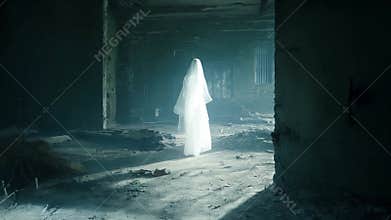 A ghostly apparition made of light and glowing fabric floats through a lost place building