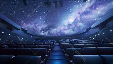 The dimly lit planetarium with rows of comfortable seats facing the large screen depicting a breathtaking view of the