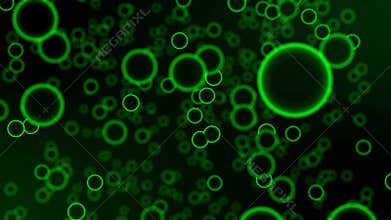 Abstract organic space with glow green cells floating on a dark background. Round shapes with close up effect