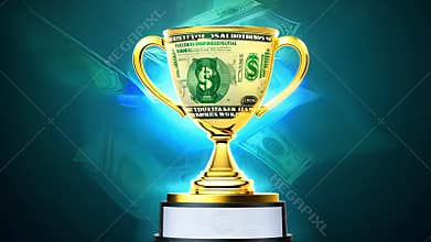 A holographic display of a trophy made of banknotes and coins symbolizing the ultimate achievement in financial success